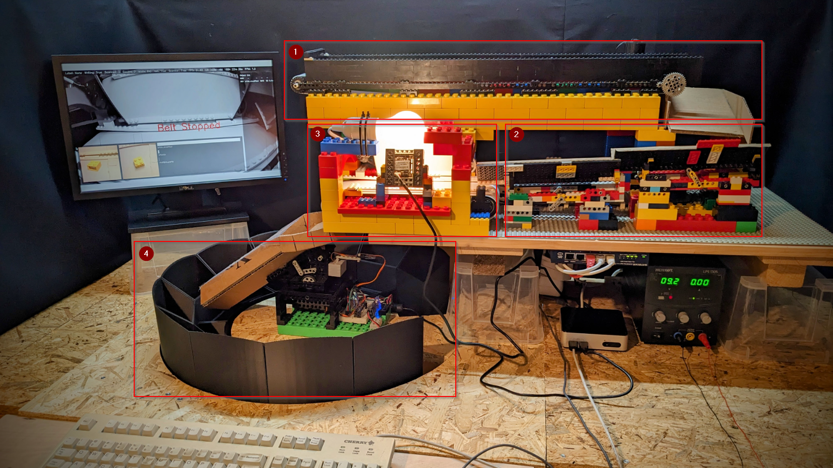 Image of a LEGO sorting machine with the four main elements highlighted